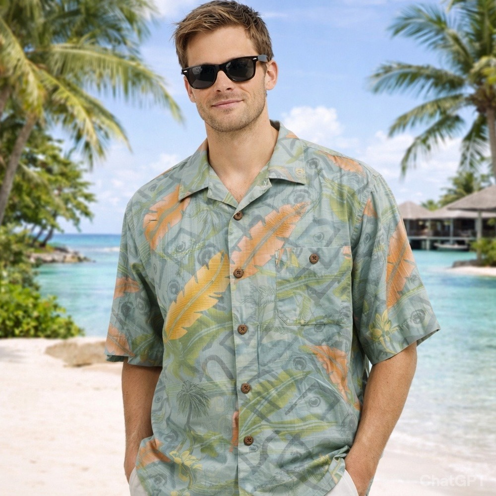 Fieldgear Mens XXL Silk Tropical Palm Leaf Button Down Shirt Sage Green Orange